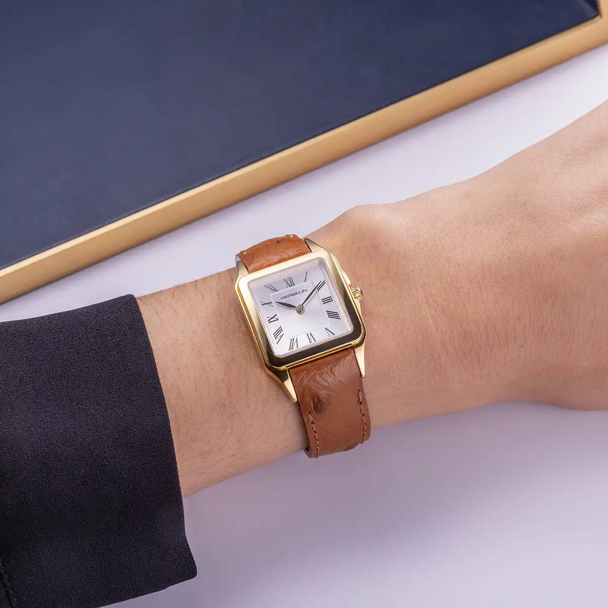 LUNA – QUARTZ – DORÉ & CUIR CAMEL
